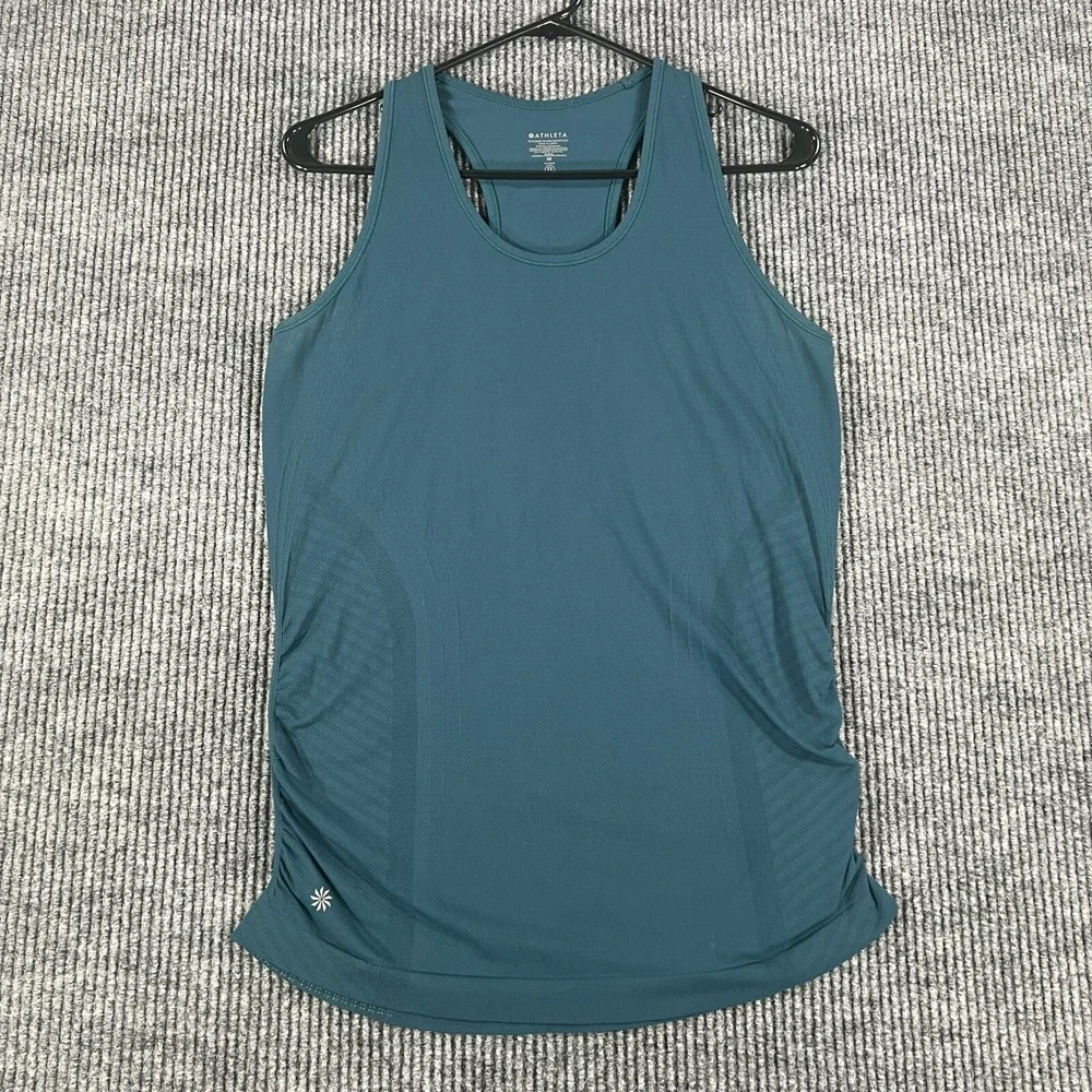 Athleta Womens Shirt Medium Green Sleeveless Activewear Tank Top Scrunch Sides